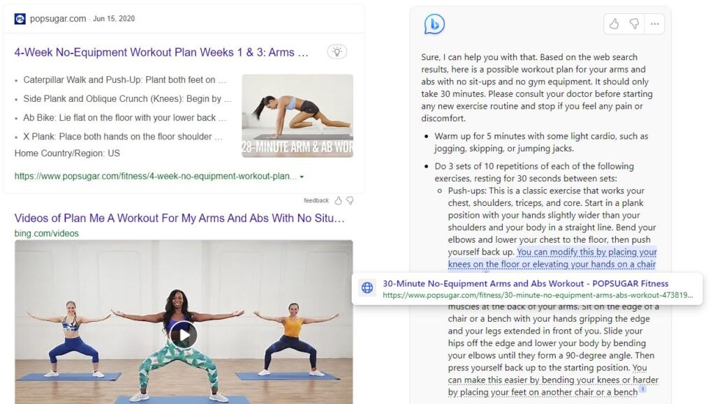 Bing Chat Workout SERPs